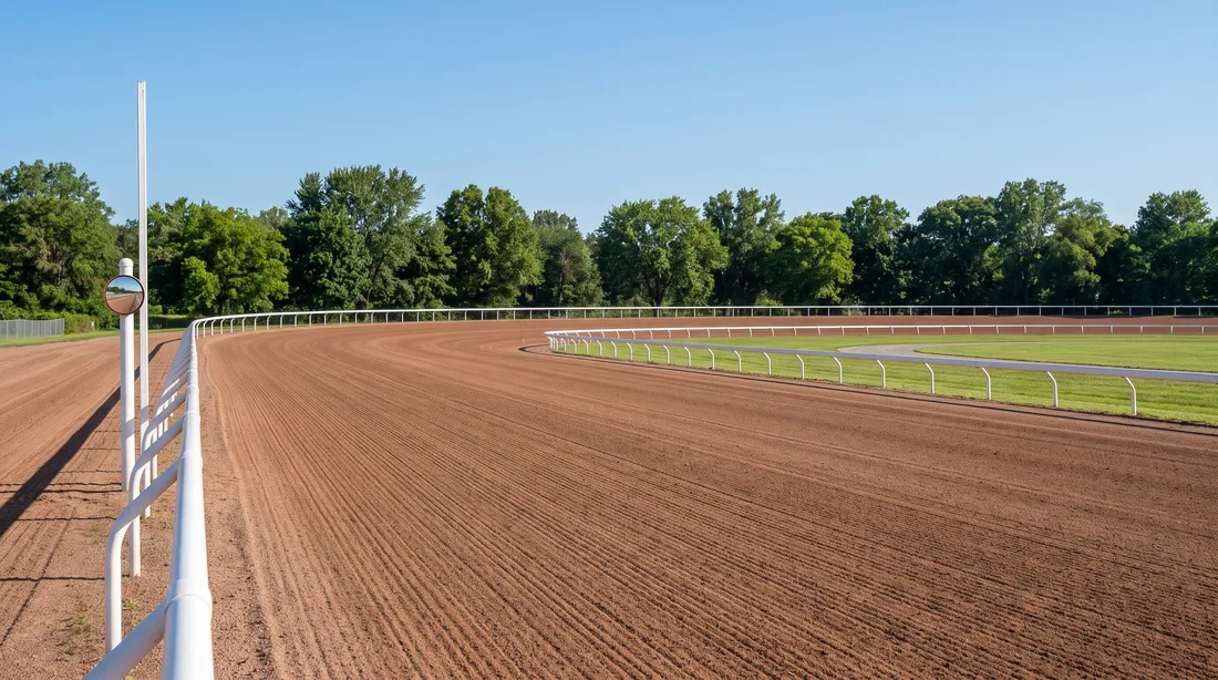 Illustration: the empty home stretch of a racetrack on a clear morning, a finish post with a round mirror on the inside rail and the turn beyond.